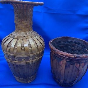 Two wicker bamboo vases for dried flowers